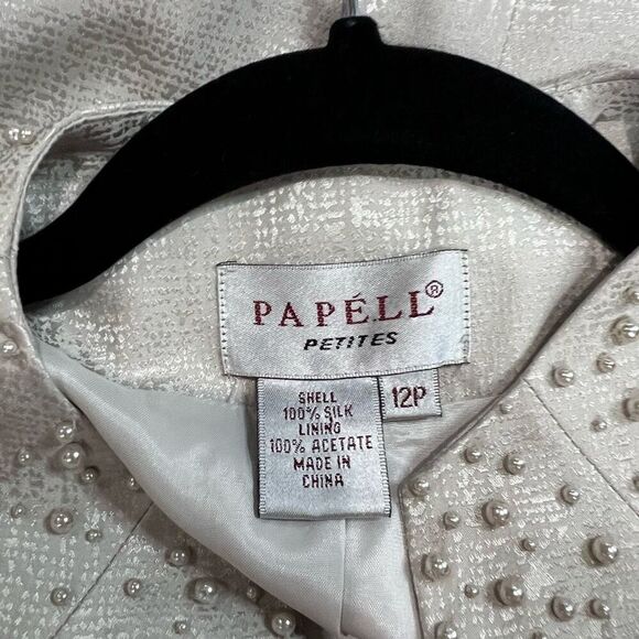 Papell Silver Pearl Studded Blazer Skirt 2 Piece Set Women’s 100% Silk Career - Picture 3 of 12